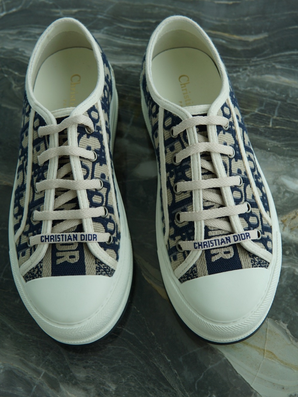 Dior Navy Blue and Cream Canvas Logo Sneakers